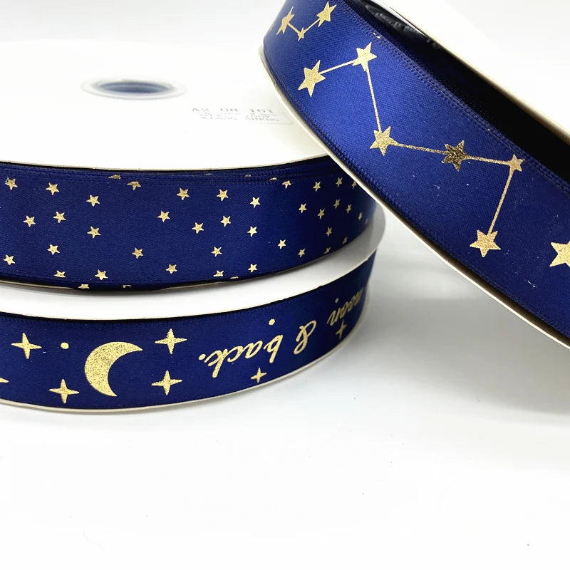 ruban bleu marine étoiles dorées constellations décoratif romantique polyester largeur 25mm longueur 1yard nœuds