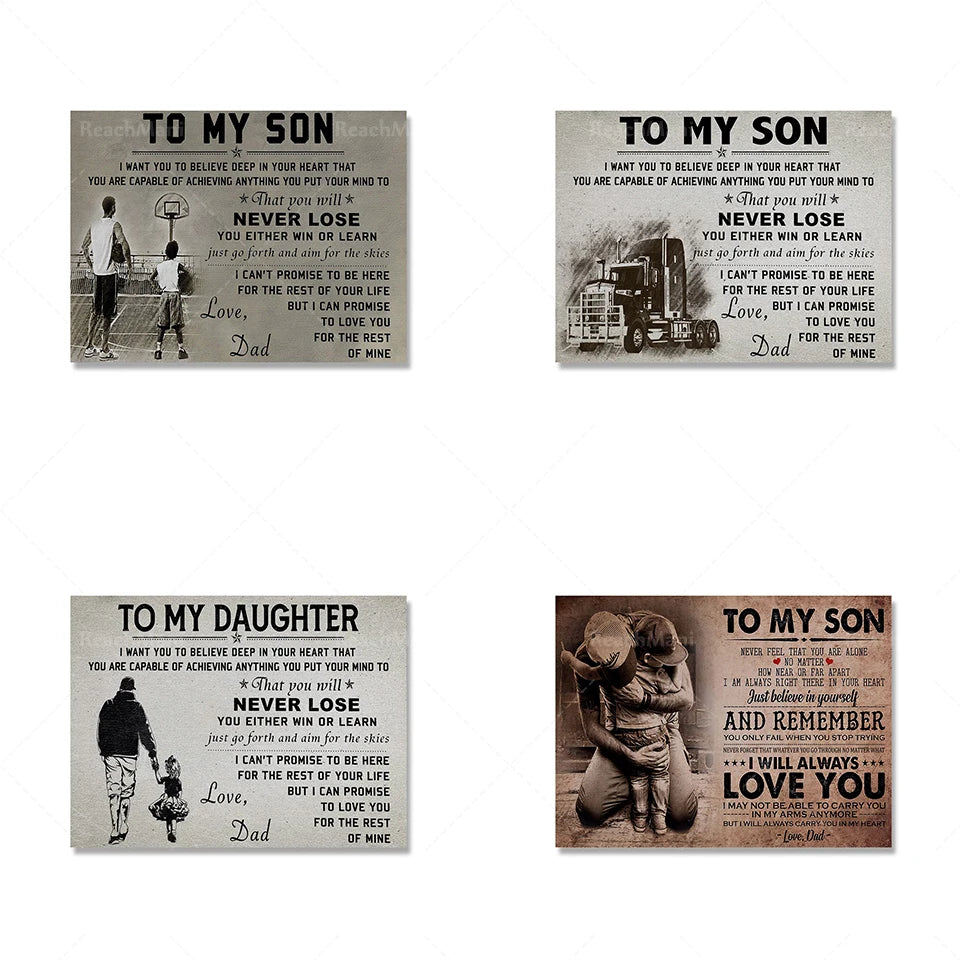 Cette image présente quatre panneaux décoratifs qui transmettent des messages d'encouragement et d'amour d'un père à son fils et à sa fille. Les messages soulignent l'importance de la persévérance, de la réussite et de l'amour inconditionnel dans la relation entre un parent et son enfant.