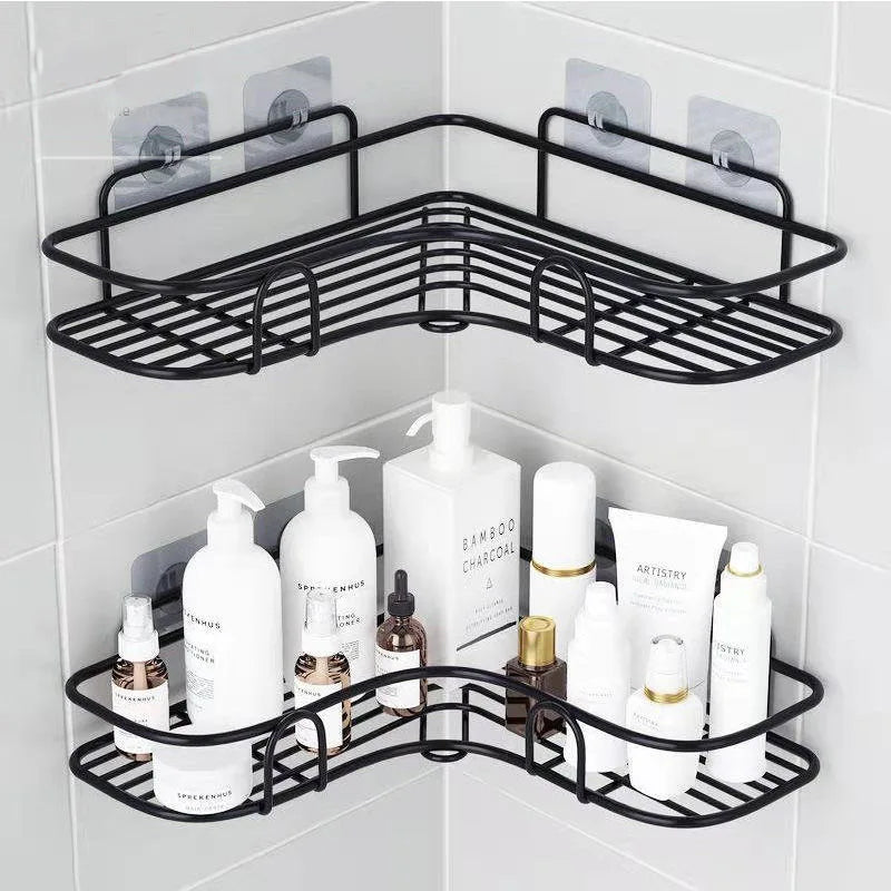 étagère salle bain moderne adhésive noir grille métallique rangement bouteilles cosmétiques flacons pots boîtes