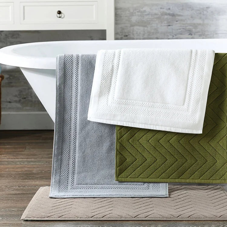 tapis bain coton gris blanc bleu olive bordure brodée absorption rapide antidérapant machine laver