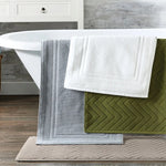 tapis bain coton gris blanc bleu olive bordure brodée absorption rapide antidérapant machine laver