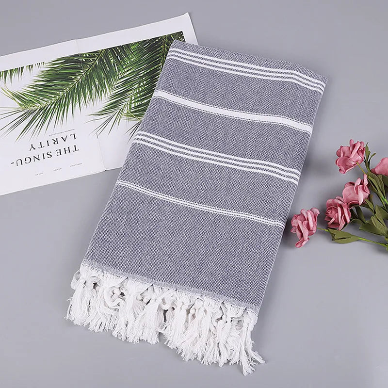 serviette bain rayée 100x180cm coton biologique séchage rapide franges classique rose gris bleuclair