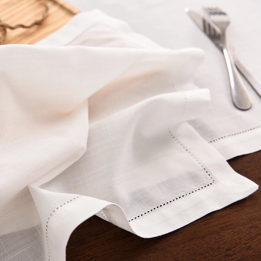 serviettes table coton lin beige blanc bordure brodée classique rustique set tailles