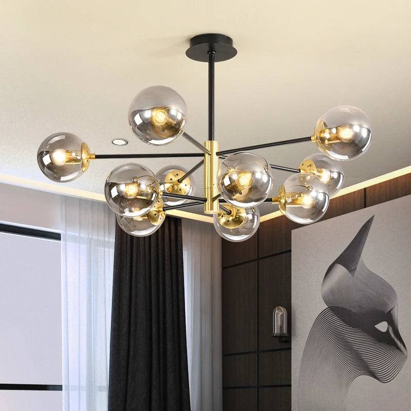 suspension lumineuse moderne boules sphériques translucides noir doré led echangement facile