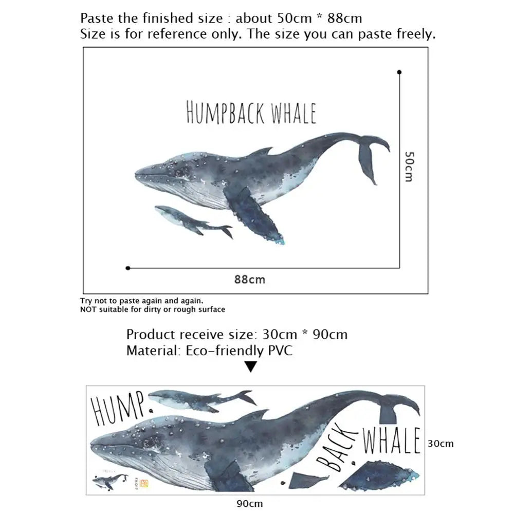 autocollant mural baleine humpback illustration bleu gris blanc adhésif maison salon chambre enfant moderne
