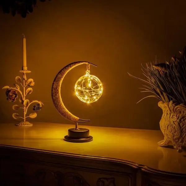 veilleuse table lune or noir texture corde vintage rustique lumière douce chambre