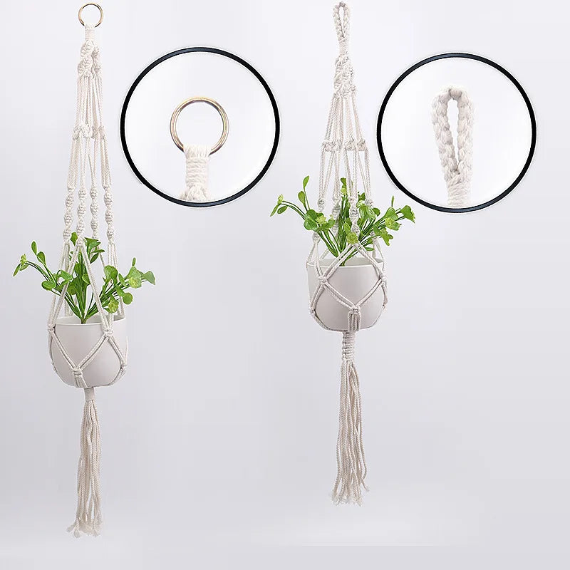 supports plantes macramé pots fleurs blanc cassé crème tressage nœuds décoratifs bohème rustique artisanal