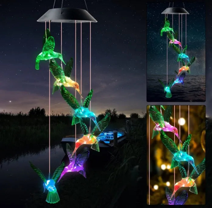 Mobile lumineux solaire oiseaux stylisés couleurs vives moderne extérieur LED changeantes