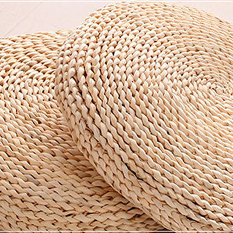 coussin sol rond tissé motifs circulaires paille souple opaque naturel 30cm 40cm