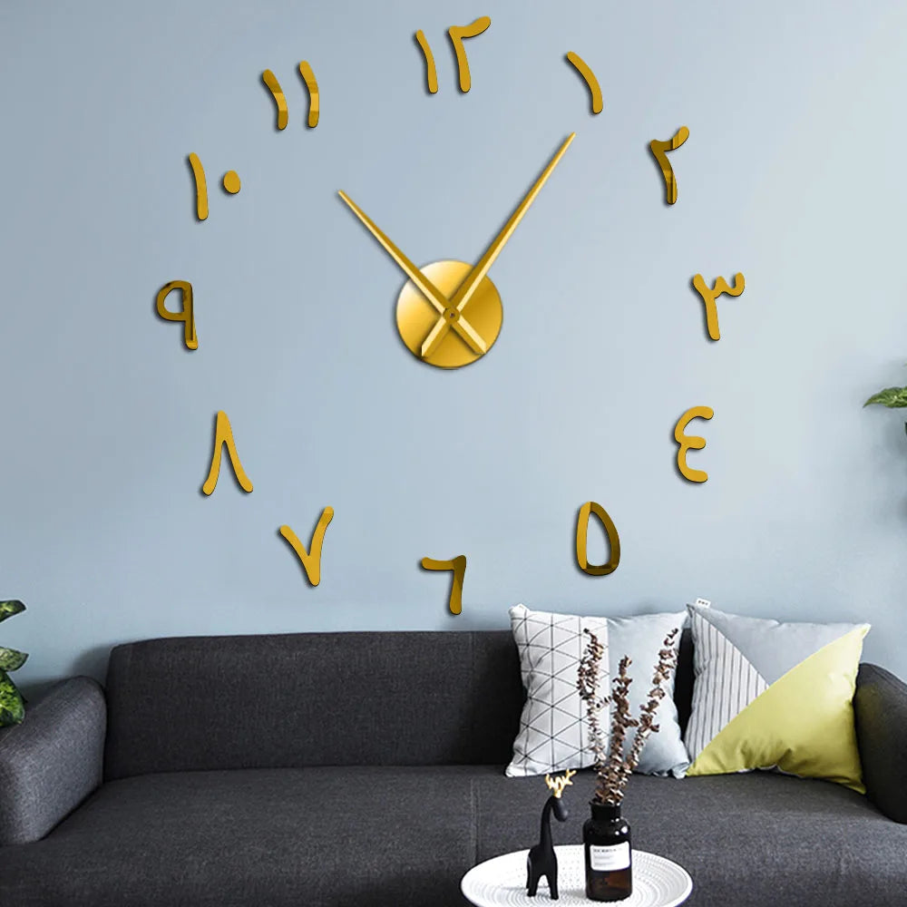 horloge murale moderne chiffres arabes acrylique argent doré noir autocollants grande taille