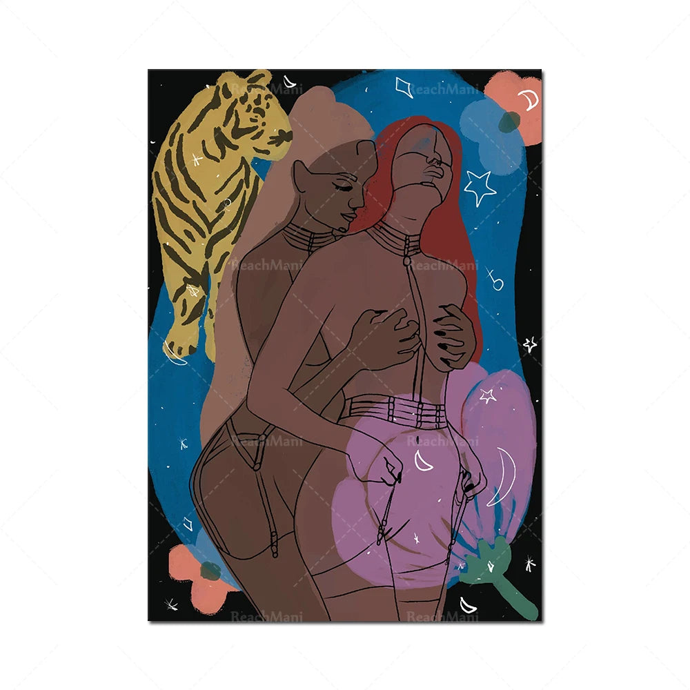 Dans l'image, on voit deux silhouettes humaines enlacées sur un fond cosmique aux couleurs vives et aux motifs géométriques.