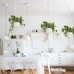Support plante suspendue macramé boho rotin blanc orange anneaux métalliques