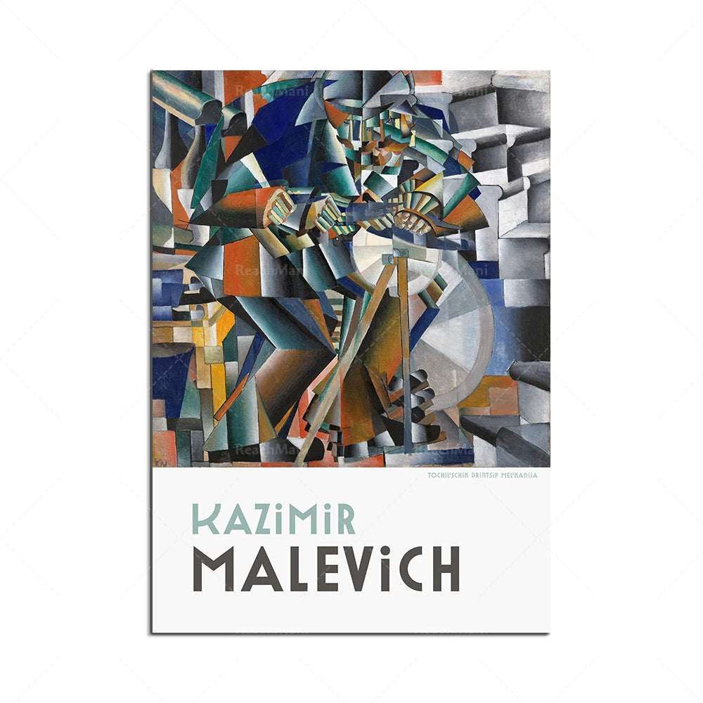 L'image présente une œuvre d'art abstraite et cubiste de l'artiste russe Kazimir Malevich, mettant en scène des formes géométriques et des couleurs contrastées.