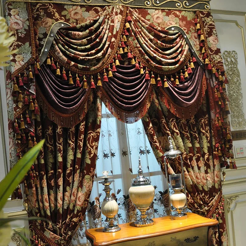 rideaux floral brodés marron beige vert doré opaques classiques baroques franges
