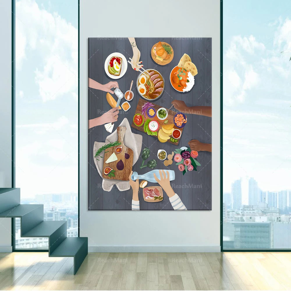 Le texte alt de cette image pourrait être : "Une sélection variée de plats savoureux et colorés sur une table en bois sombre, avec des mains occupées à préparer ou déguster ces délicieuses spécialités culinaires.