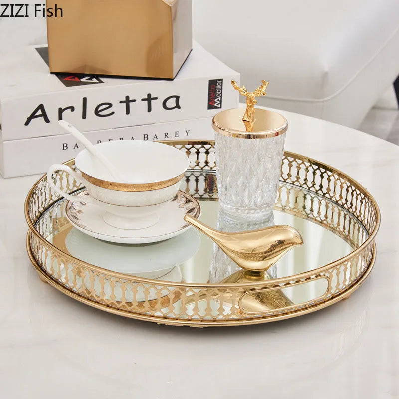 plateau verre miroir doré ajouré transparent classique élégant rangement bijoux fruit hexagonal rond large