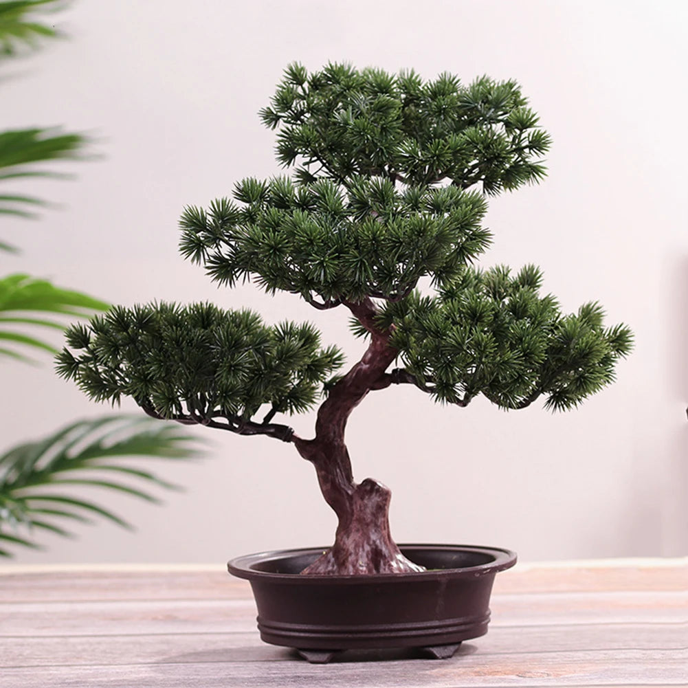 ornement arboré bonsaï artificiel vert feuilles pointues tronc épais classique pot marron décoration intérieureextérieur