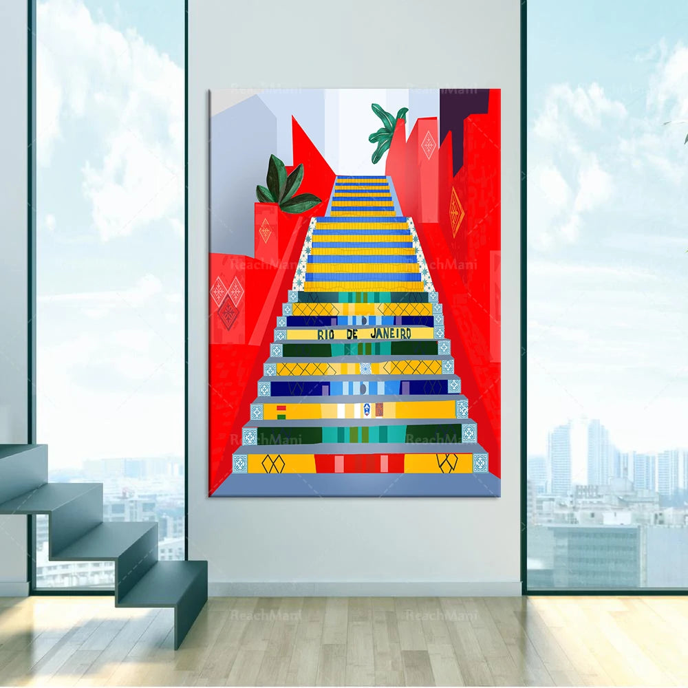 Escalier coloré menant à Rio de Janeiro avec des éléments graphiques abstraits et des motifs géométriques.