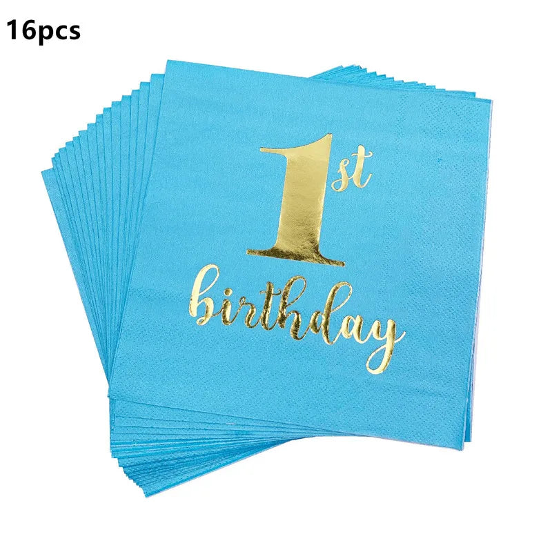 assiettes bleu clair anniversaire 1er anniversaire doré festif serviettes gobelets napkin tablecloth set festivités