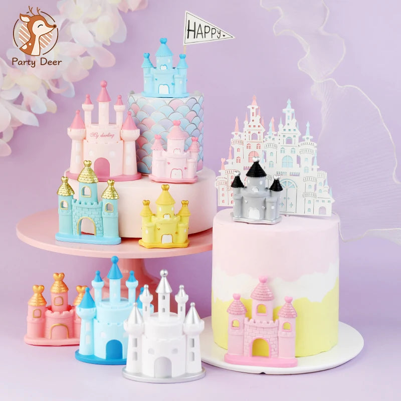 décoration anniversaire château miniature résine rose bleu jaune gris blanc doré simple architecture enfantine