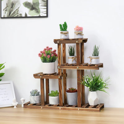 Support de plantes en bois 4 niveaux marron sur bureau