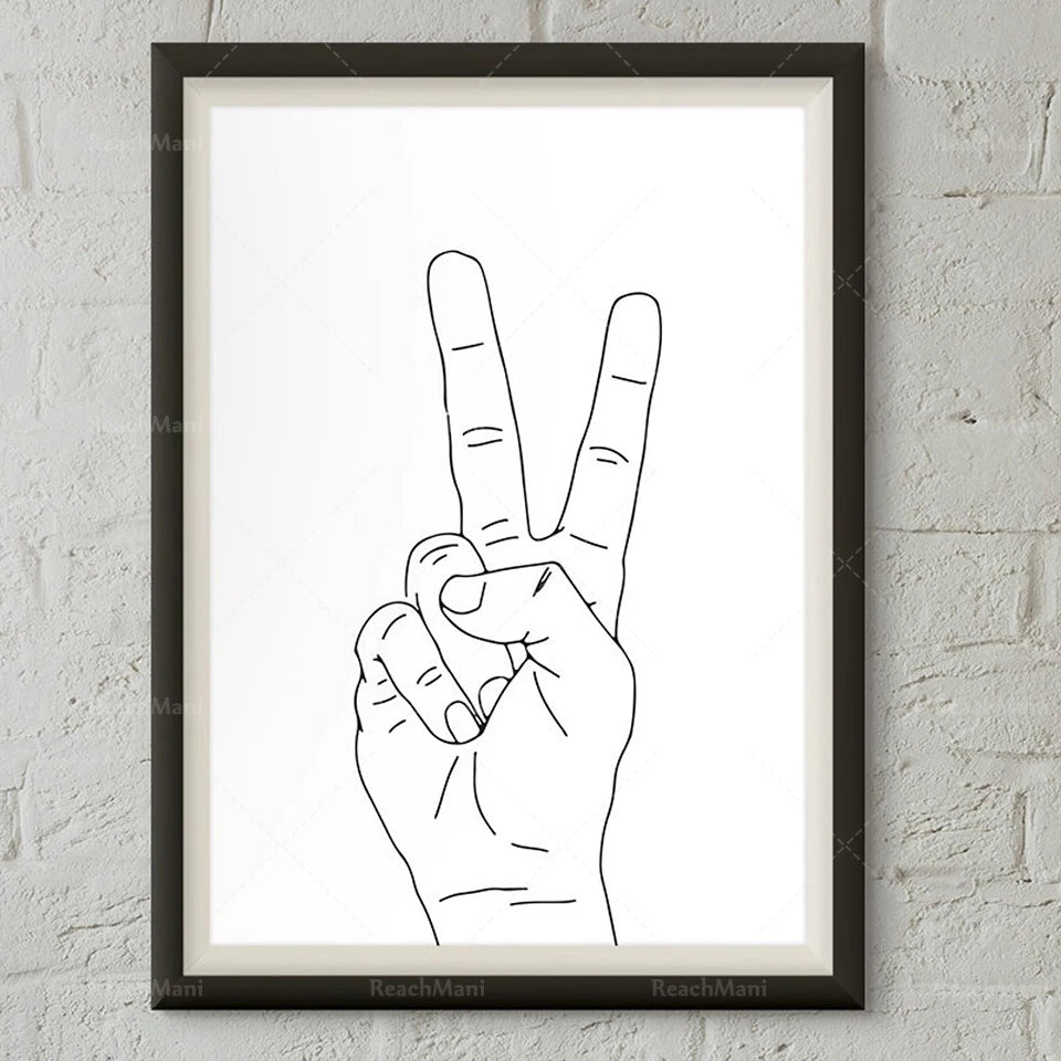 Cette image représente un dessin minimaliste en noir et blanc d'une main formant le signe de la paix.