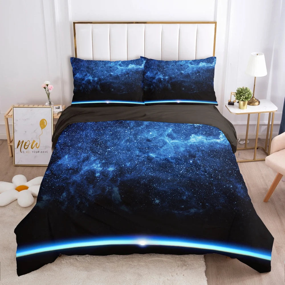 Parure de lit galaxie 240x260 avec motif étoilé noir sur fond sombre