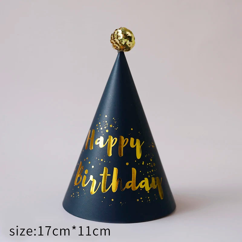 chapeaux fête anniversaire or bleu marine rayures pois dorés happy birthday moderne festif