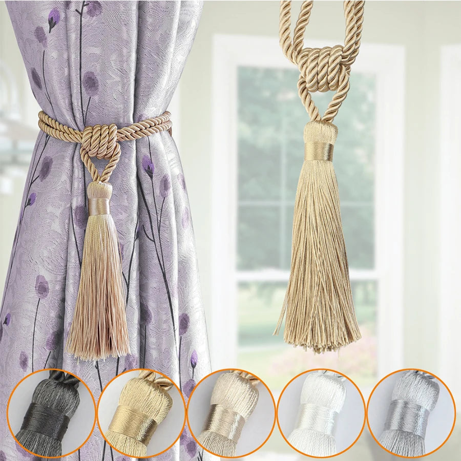 rideau attache pompon polyester beige gris or classique 45cm total 14cm pompon decoration interieur