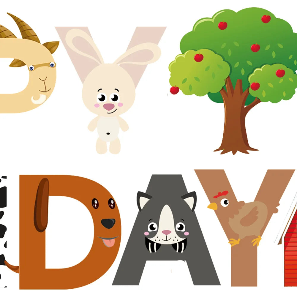 guirlande lettres happy birthday animaux motifs éolienne arbre grange fête enfant multicolore cartoon