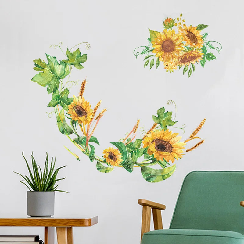autocollant mural floral tournesol feuilles jaune vert blanc salon chambre coucher résistant l'eau pvc