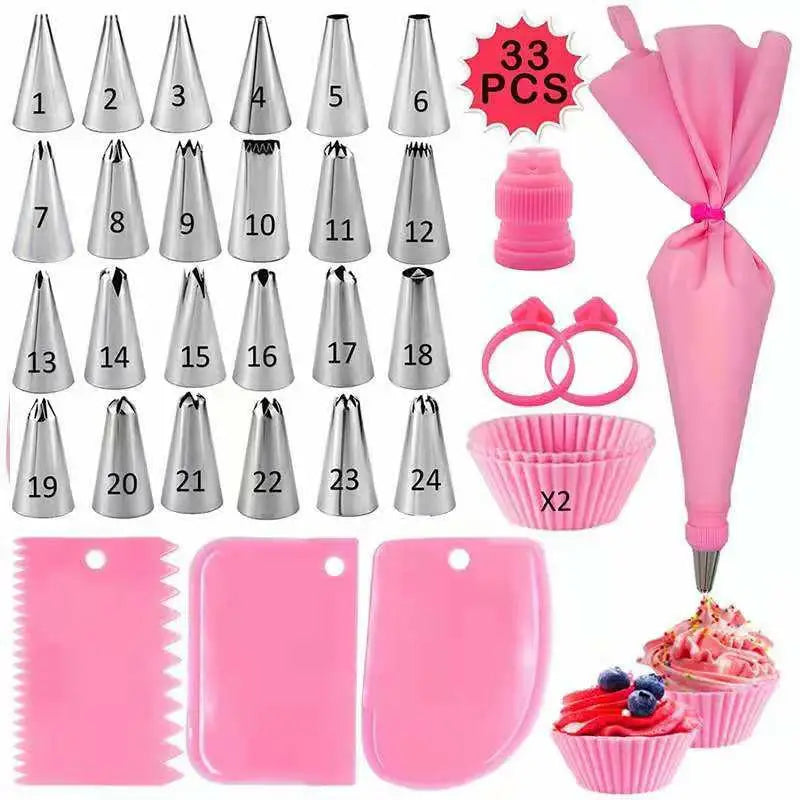 ensemble pâtisserie embouts coniques sacs pâte rose bleu grattoirs brosses nettoyage outils boulangerie