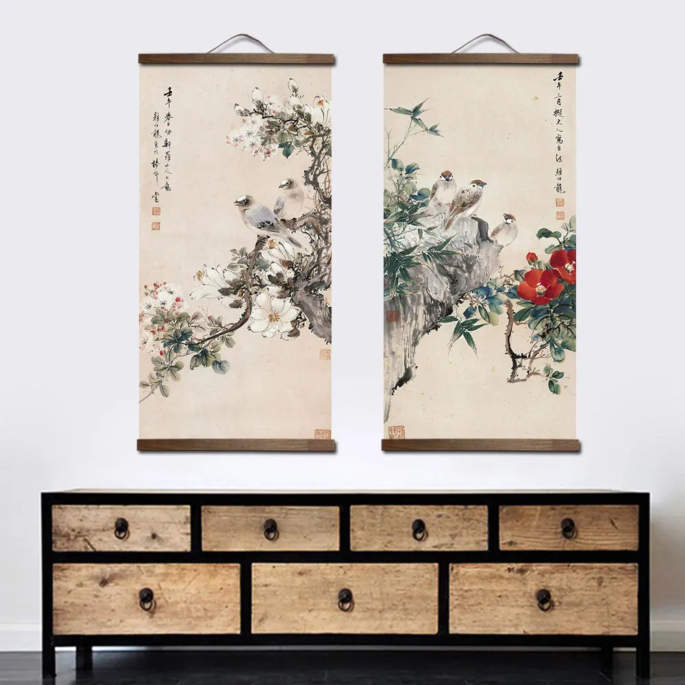tableau peinture toile chinois fleurs oiseaux bambou paysage traditionnel décoration murale salon chambre