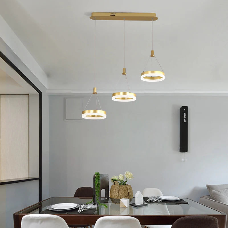 suspension lumineuse moderne dorée anneaux blancs câbles suspendus chambre salon étudié