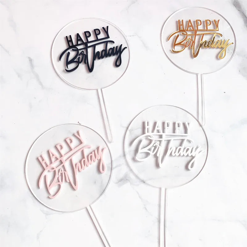 décoration gâteau anniversaire lettre Happy Birthday transparente moderne élégante tringle rose pâle doré noir