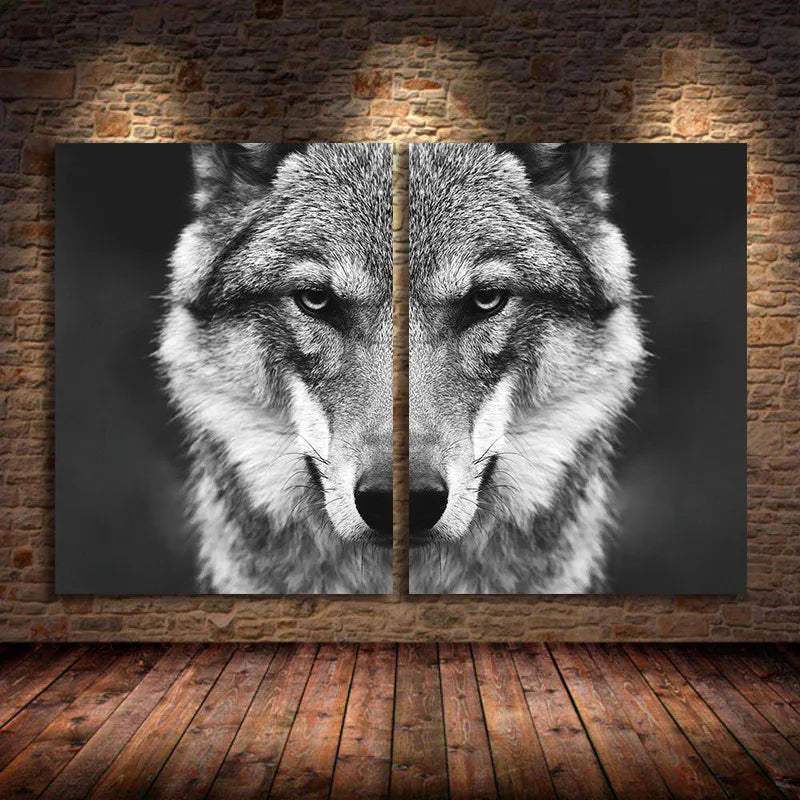peinture toile loup réaliste sans cadre gris noir decoration maison chambre vertical