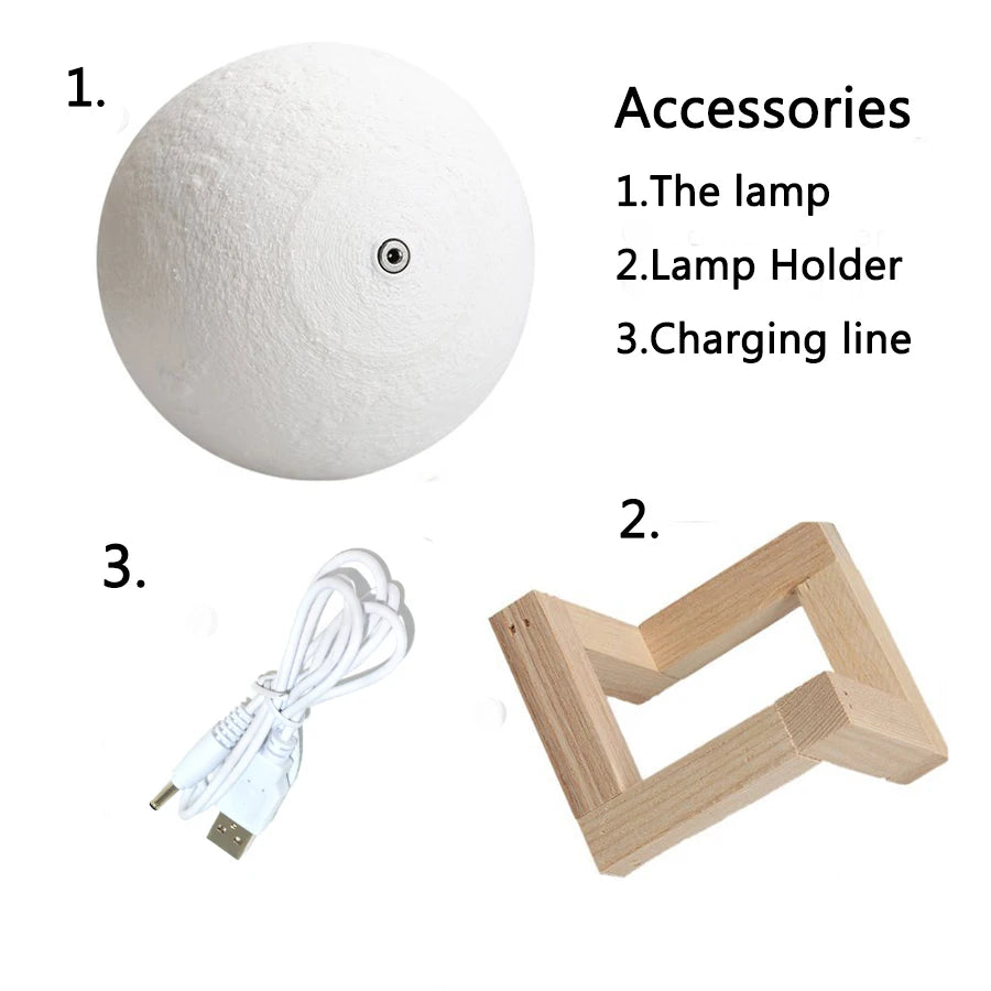 lampe lune rechargeable led blanc texture lunaire moderne support bois charge cable 8cm 12cm