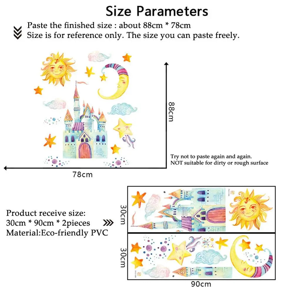 sticker mural dessin animé château soleil lune enfant decoratif adhesif multicolore chambre enfants