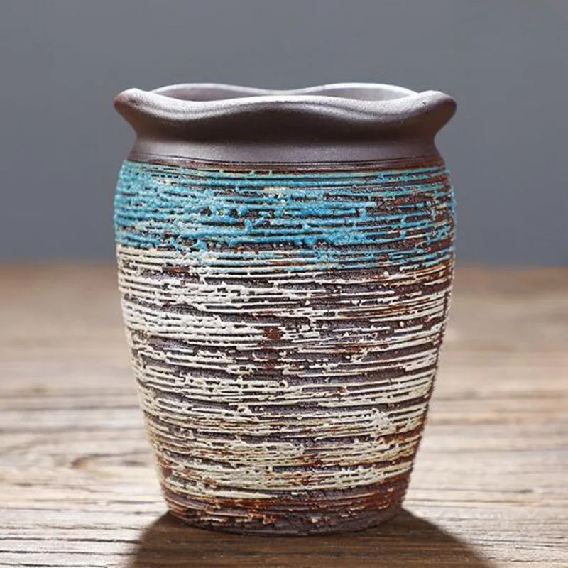 pots fleurs céramique glaçure abstraite bleu rose marron rustique plante verte artisanat