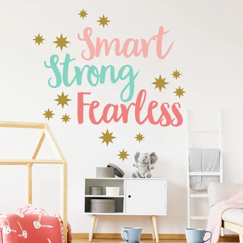 sticker mural moderne smart strong fearless étoiles dorées enfantin rose bleuclair opaque chambre coucher