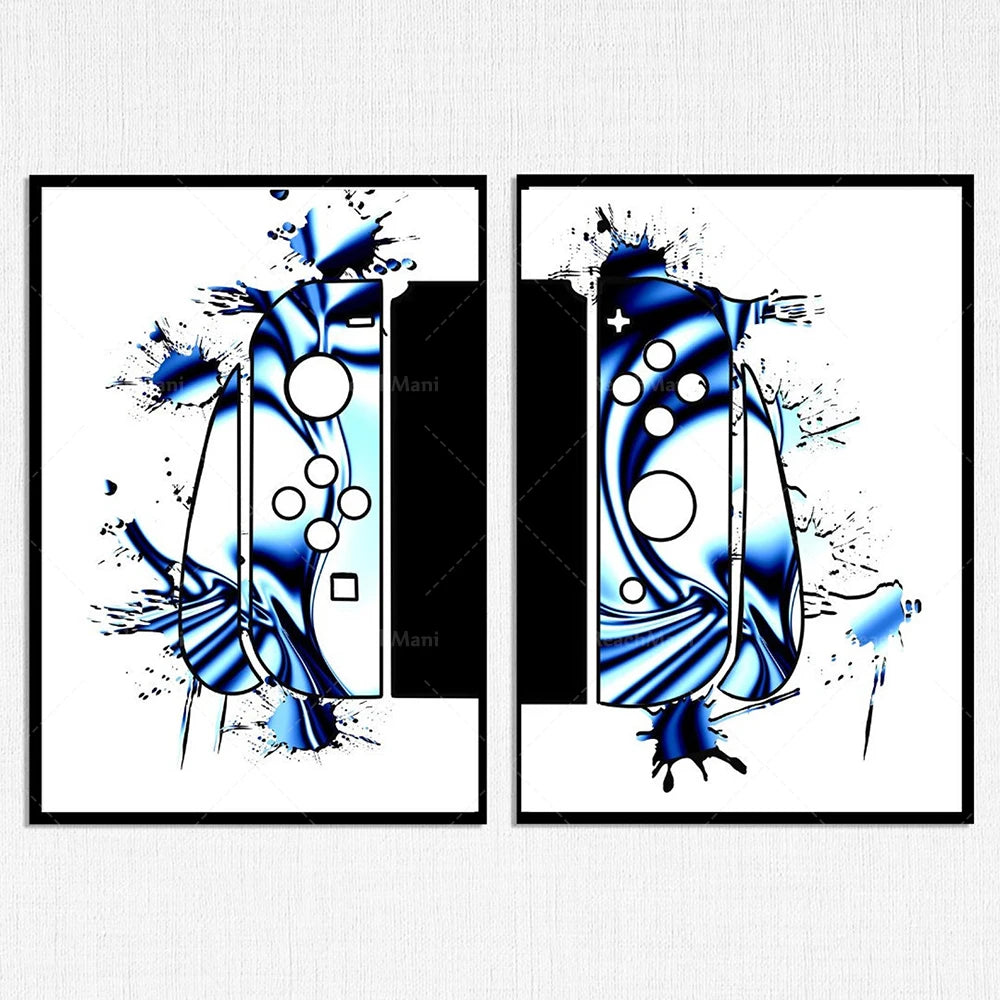 Deux panneaux illustrant des formes et des éclaboussures de couleur bleue sur fond noir, mettant en valeur des boutons de commande stylisés.