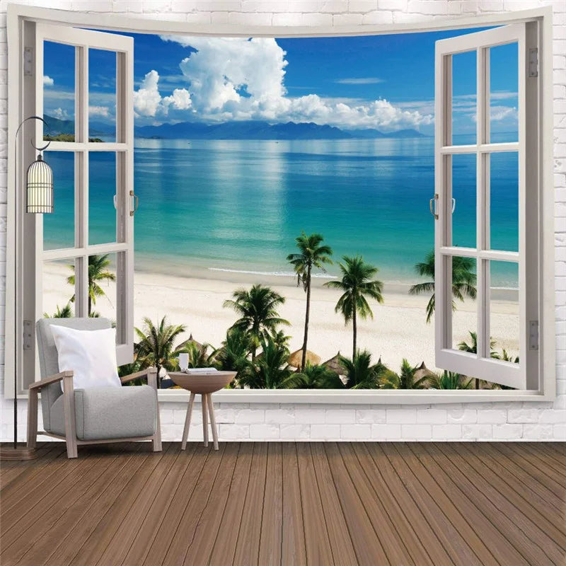 tapisserie murale paysage plage coucher soleil cascade verte moderne blanche bleue chambre décoration