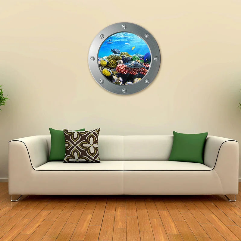 sticker mural sous marin coraux poissons moderne gris métallisé PVC øillets chambre enfant décoration