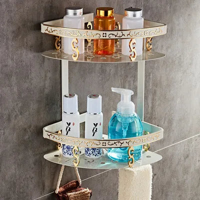 étagère salle bain blanc doré ornements sculptés finition art déco porte serviettes savon brosse
