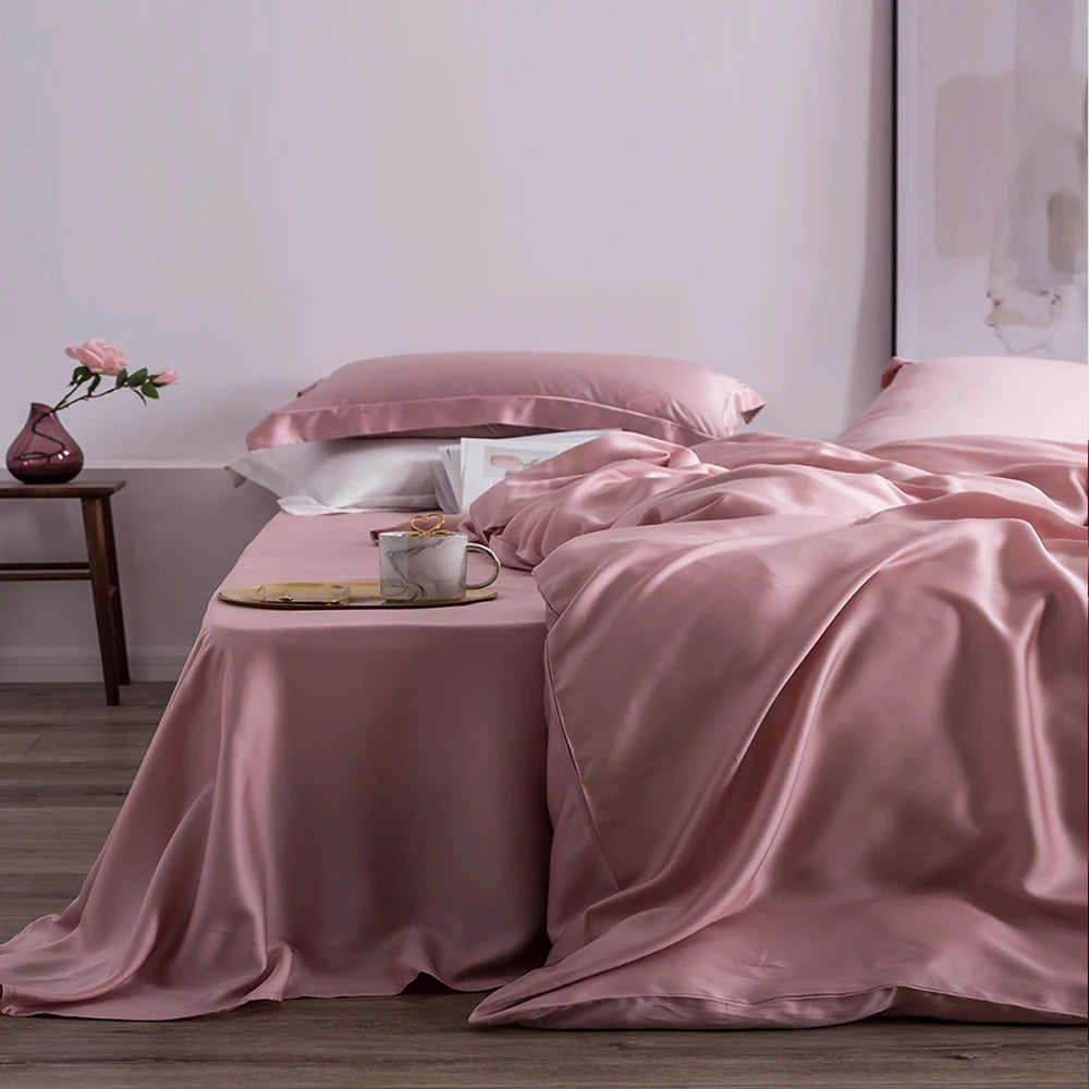 ensemble literie soie rose poudré drap housse taies oreillers minimaliste moderne élégant doux respirant