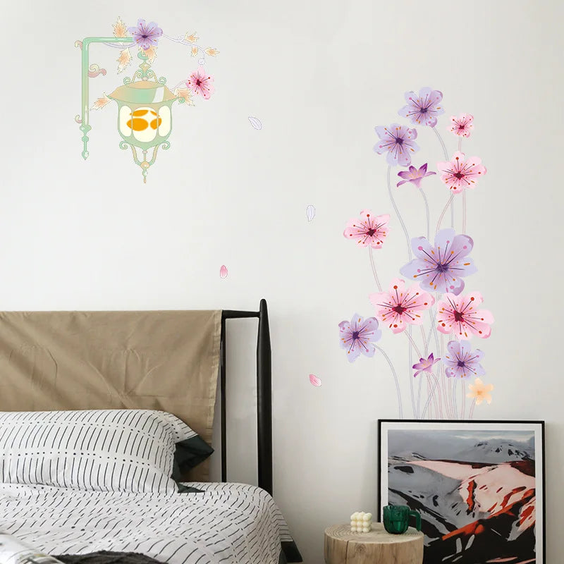 autocollant mural fleurs stylisées moderne vert pastel rose violet blanc opaques décoration intérieure chambre