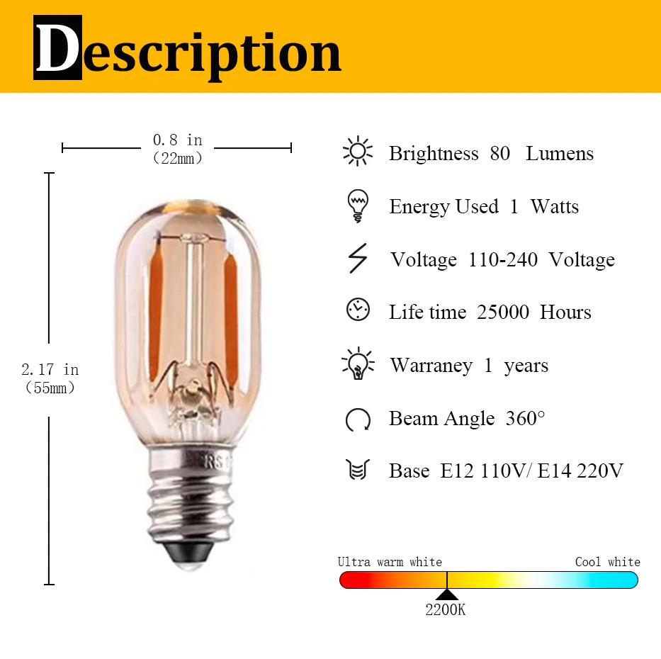 ampoules led filament vintage e12 e14 transparentes dorées 220v 25000h 2200k