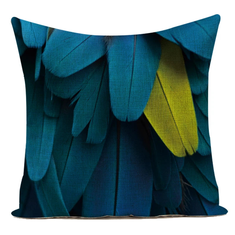 housse coussin carrée décorative motif paon bleu vert violet canapé salon moderne