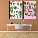 Affiches décoratives avec différentes plantes d'intérieur présentées dans un style illustratif, sur un mur orangé et un bureau blanc.