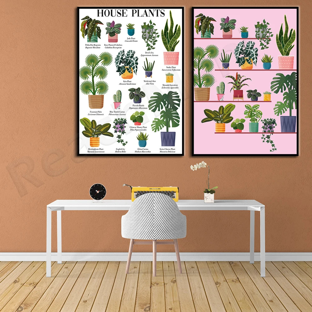Affiches décoratives avec différentes plantes d'intérieur présentées dans un style illustratif, sur un mur orangé et un bureau blanc.